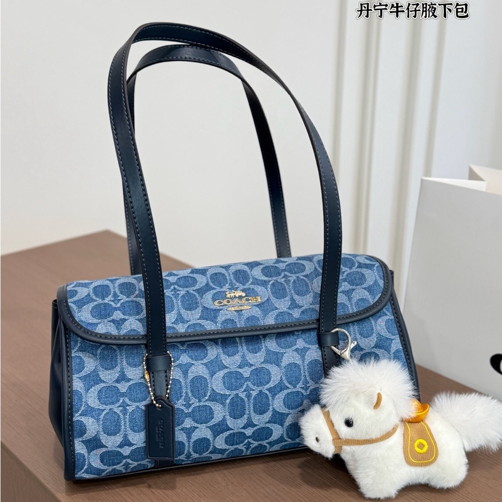 Coach Blue Signature Denim Jacquard Shoulder Bag with Navy Trim